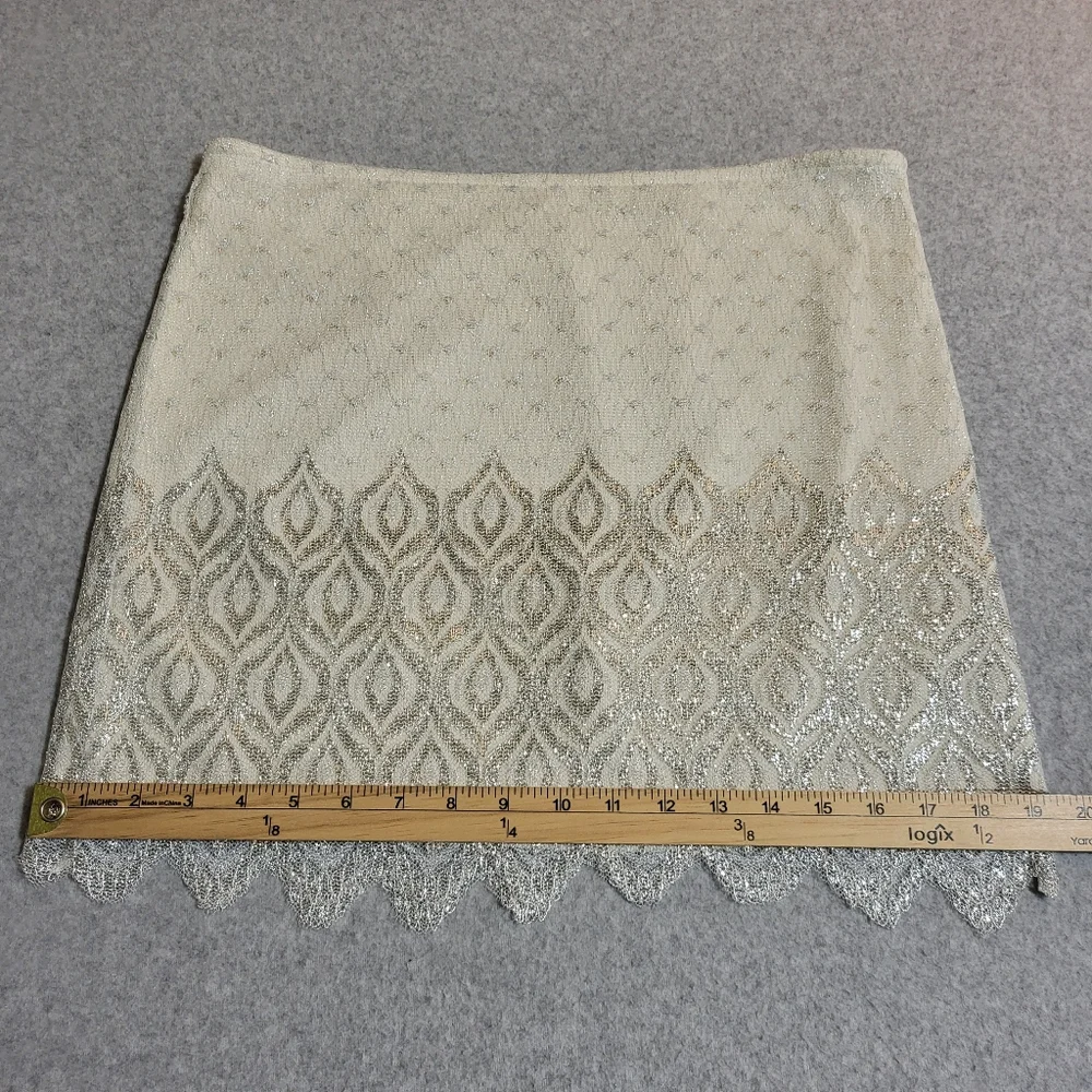 Free People Mini Lurex Skirt Sz 12 Ivory Silver Metallic Overlay Lace Glam Party
